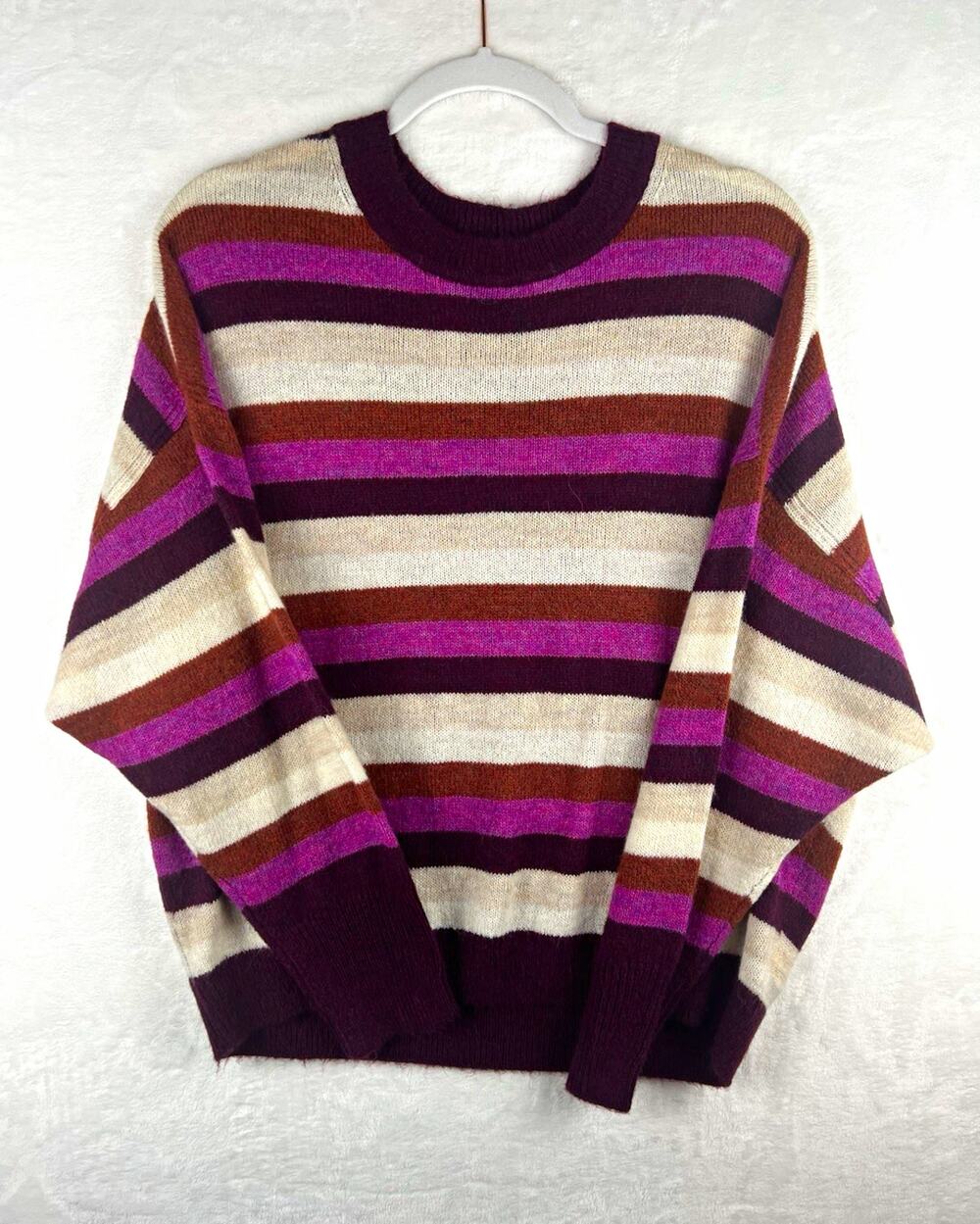 GAP Women’s Large Striped Wool Alpaca Blend Sweater Purple Burgundy Cream